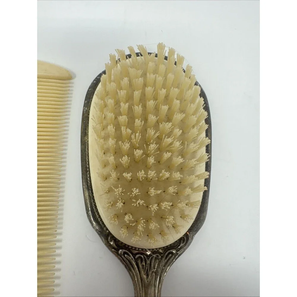 Silver Plated Vanity Set Vtg Hand Mirror Hair Brush Comb Victorian Art Nouveau